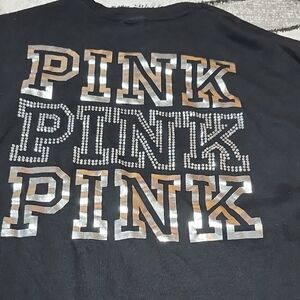 VS PINK 2020 BLACK CAMPUS CREW SILVER SHINE RHINESTONES GRAPHIC LOGO TEE-SHIRT